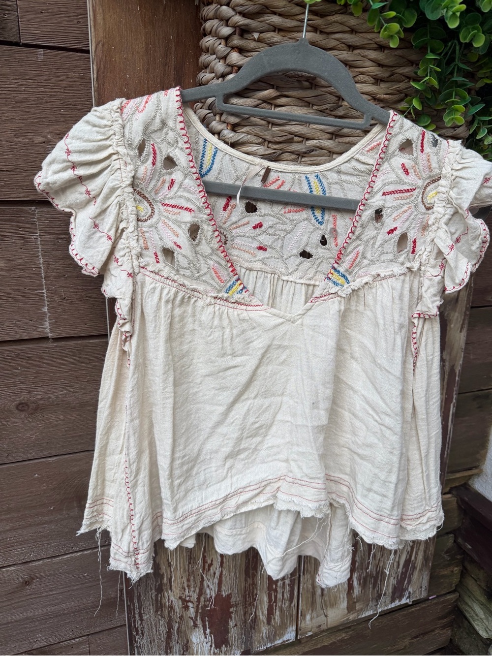 Free People Cream Boho Embroidered Peasant Top with Multicolor Accents